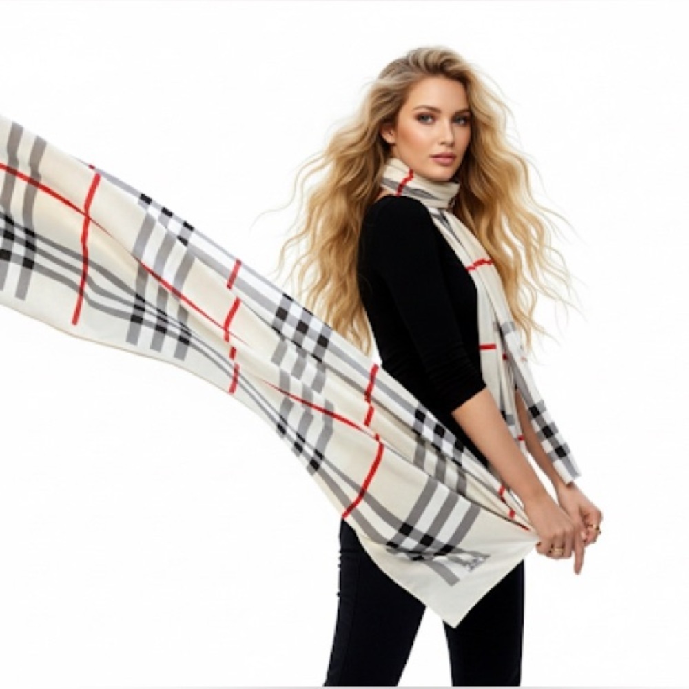 Y2K CHECKERED CREAM PLAID SCARF WOMAN 42”X 42” - Picture 4 of 4